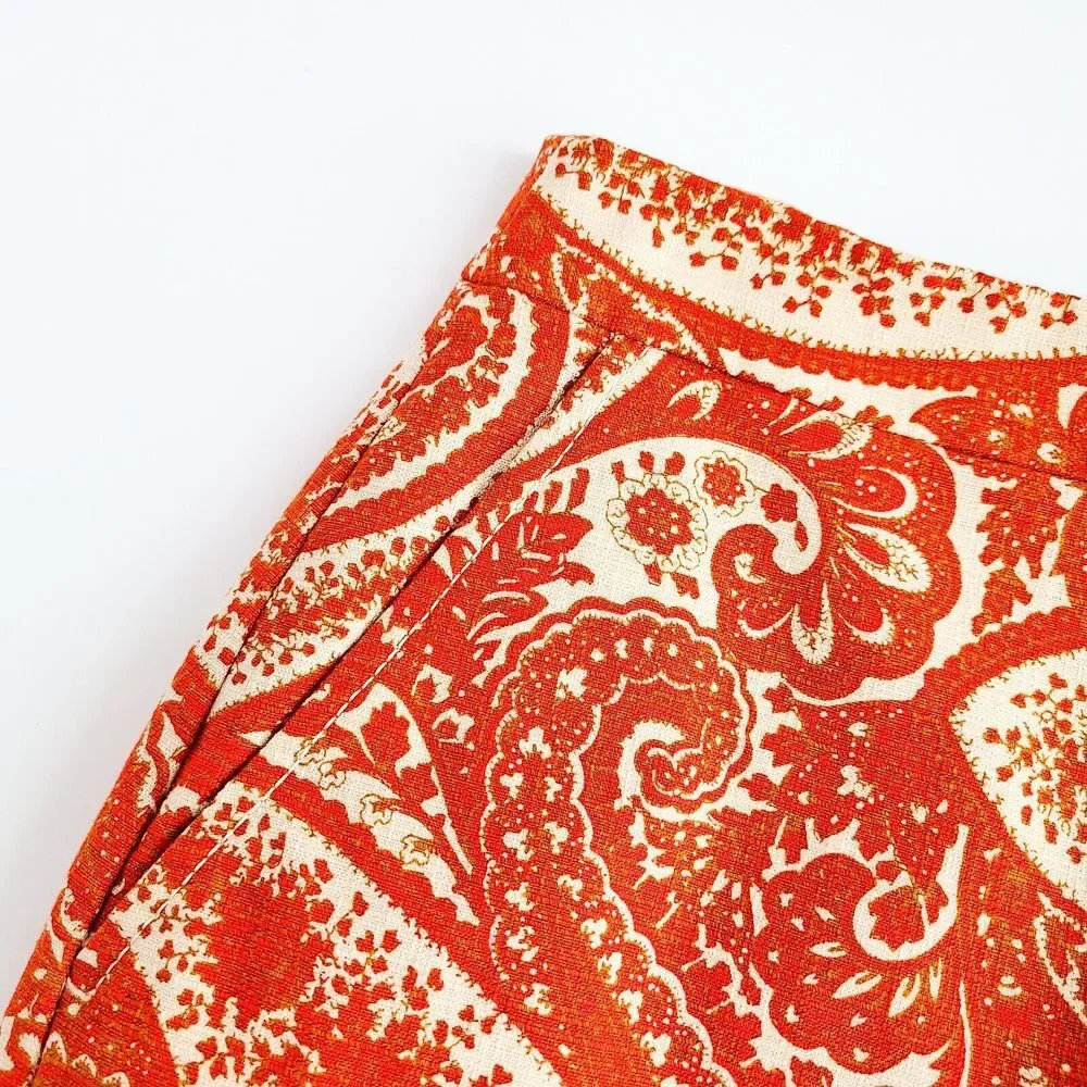 J Crew Paisley Pencil Skirt Womens 0 Fully Lined Orange/White Cotton Blend